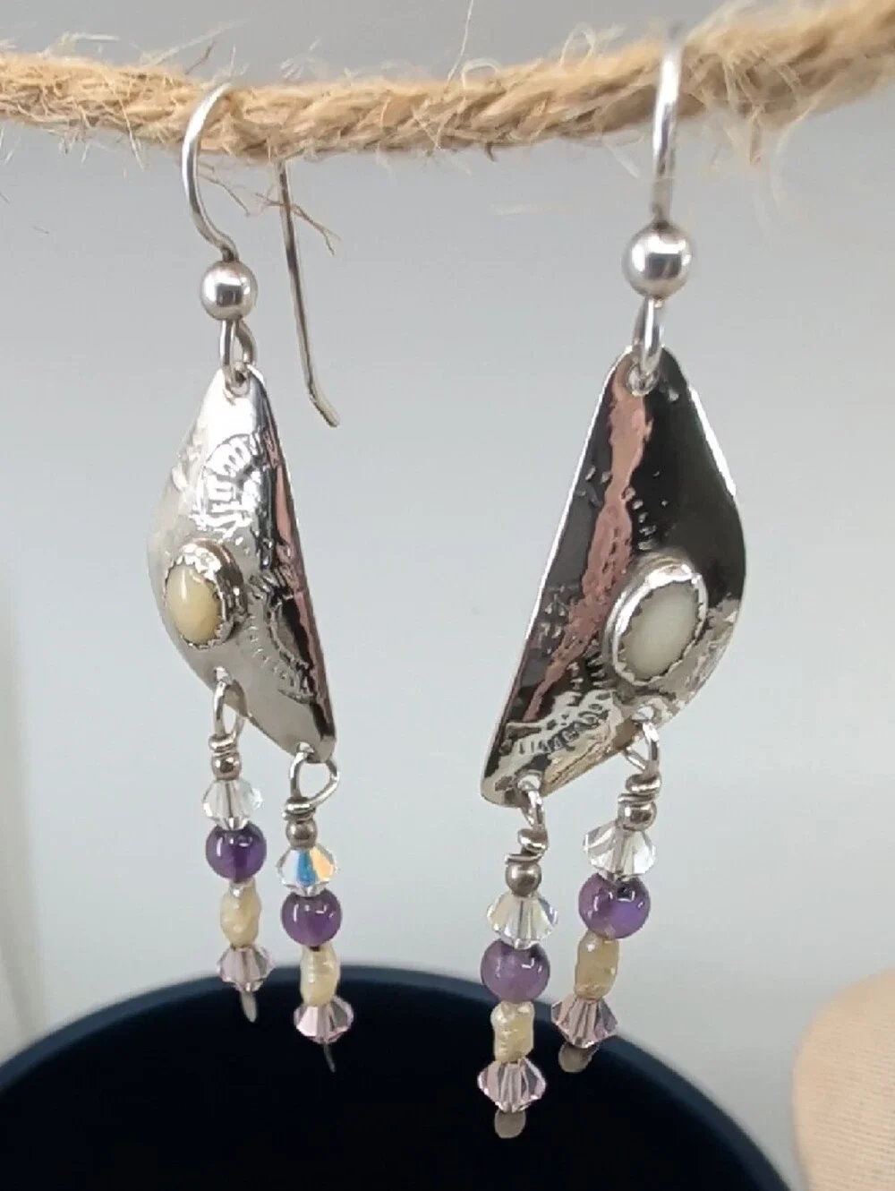 Vintage Hand Hammered Sterling Silver Amethyst Pearl Dangle Earrings